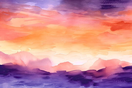 Abstract watercolor background sunset sky orange purple. - Colorful, artistic, creative, brush strokes, texture.