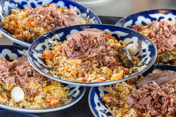 Fresh cooked wedding Uzbek plov in Tashkent, Uzbekistan