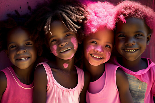 Happy Family Portrait Of Four Children In Pink Afro Hair Pink Clothes, Generative Ai