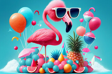 Obraz na płótnie Canvas happy flamingo in sunglasses with ice cream sweet fruits palms, birthday summer vacation mood vibe celebration holiday, colorful, generative AI