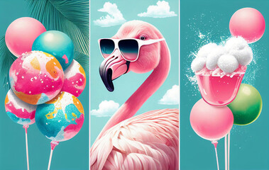 happy flamingo in sunglasses with ice cream sweet fruits palms, birthday summer vacation mood vibe celebration holiday,  colorful, generative AI