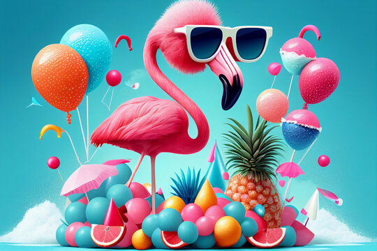 happy flamingo in sunglasses with ice cream sweet fruits palms, birthday summer vacation mood vibe celebration holiday,  colorful, generative AI