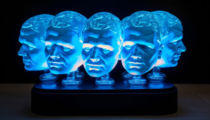 collective mind concept teamwork, glowing sculptures of two blue light bulb heads with mind, Generative AI