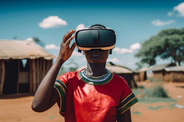 contrast of the future and the past the world of technology, a girl from an African tribe in VR glasses watch, generative ai