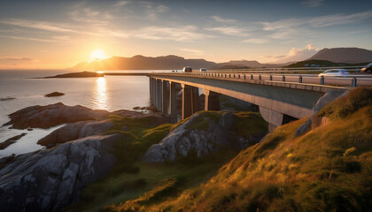 beautiful amazing famous atlantic ocean road in norway at sunset, generative ai