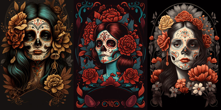 Dia de los muertos poster with portrait of Calavera Catrina. Ai generated women faces adorned with intricate sugar skull makeup and flower crown. Celebration of Mexican Halloween holiday honoring dead