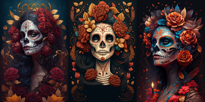 Dia de los muertos poster with creepy voodoo girl portraits for traditional Mexican holiday celebration in the occasion spirit . Beautiful or horible ai generated skull-faced women with flower wreaths