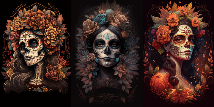 Dia de los muertos festive poster with horrible beauty of Calavera sugar skull Catrina characters. Ai generated skull-faced women portraits in bold colors palette for cultural Mexican event, tattoo