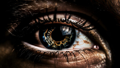 Naklejka premium close up of beautiful green eye pupil vision long eyelashes, generative ai