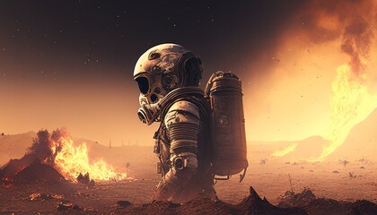 skull astronaut post apocalyptic, digital art illustration, Generative AI