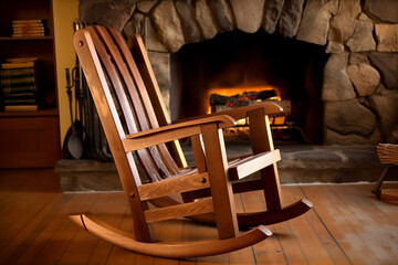 brown rocking chair on the background of the fireplace in home, warm mood cosiness comfort rest, generative AI