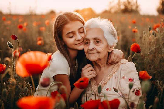 family grandmother old woman and granddaughter young child girl love hugging in poppy field at sunset, generative ai