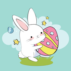 Happy Easter, decorated easter card, banner. Bunnies, Easter eggs, flowers and basket. Folk style patterned design. . Vector illustration