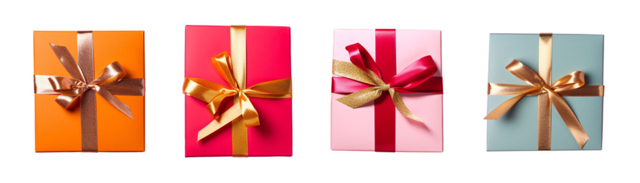 Top down view isolated gift box with gold ribbon on transparent background. Generative AI