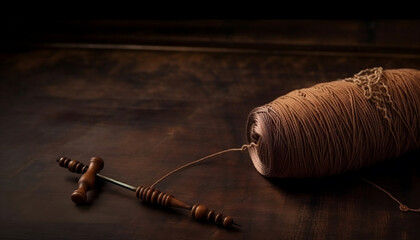 sewing vintage skein of brown thread with a needle on the wooden table with free space for text, generative ai