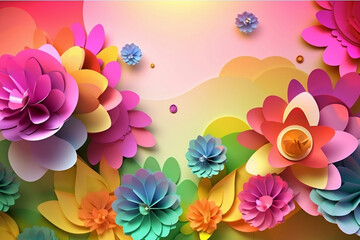 spring abstract background with 3d elements, easter background, spring flowers and butterflies, paper composition.