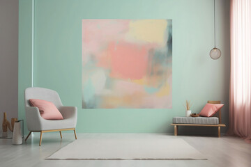 modern living room interior with armchair and painting, in pastel color pink and mint, Generative AI