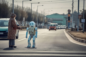 Old woman walking on the street with a robot who helps her, Generative AI