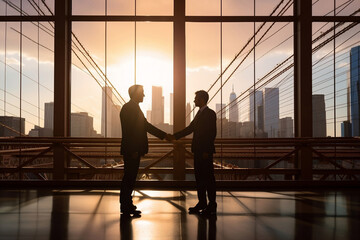 handshake business meeting negotiations making a deal big money silhouette of a person in a office window new york city view at sunset, generative AI