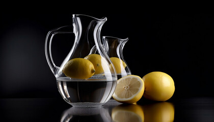 glass decanters of water and fresh yellow lemons on a black background, Generative AI