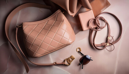 leather pink nude bag and belt with accessories, Generative AI