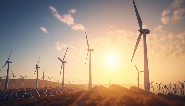 wind turbines and solar panels at sunset, Generative AI