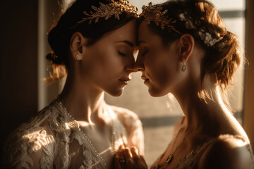 Obraz na płótnie Canvas Wedding LGBT+ photo of two brides made with Generative AI