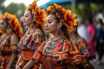 Fototapeta premium Mexican dancers wearing traditional colorful dresses in the street for 5 de Mayo celebrations. Generative AI