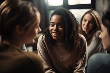 Confident groups of girl friends talking. Focus on foreground. Generative AI