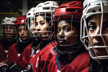Ice hockey women team. Close up head shot portrait. Generative AI