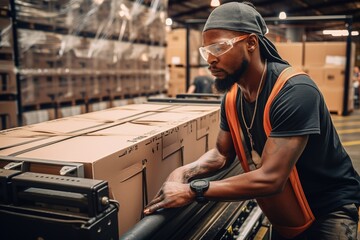 African American worker making boxes in packing house. Generative AI