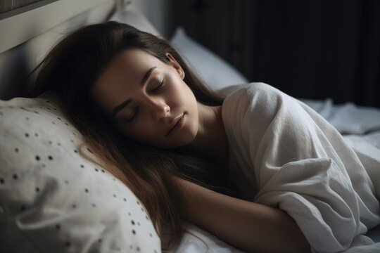 Young woman sleeping comfortable in her bed. Benefits of good sleeping. Generative AI