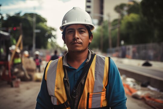 Latin American construction worker in construction site. Immigrant laborer concept. Generative AI