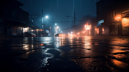 Dark background scene of an empty street. Generative Ai. Isolation, reflection, introspection, somber.
