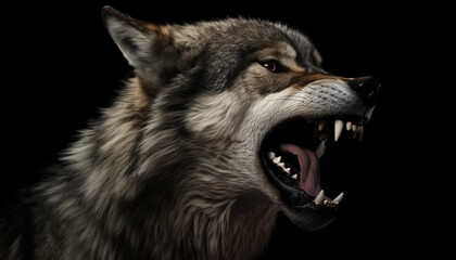 brown quick wolf in the meadows, fierce, fangs, angry, strong - obrazy, fototapety, plakaty
