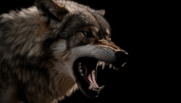 brown quick wolf in the meadows, fierce, fangs, angry, strong