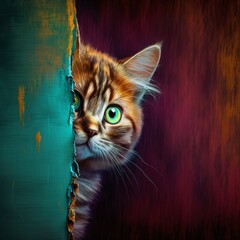 Colorful Cat Scared and Hiding in a Hole in the Wall Generated by AI