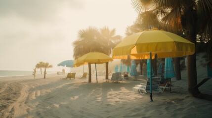 Tropical Paradise: A Stunning Beach with Colorful Umbrellas and Palm Trees, AI Generative