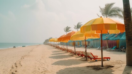 Fototapeta premium A Postcard from Paradise: A Beach with Colorful Umbrellas and Soft Golden Sand, AI Generative