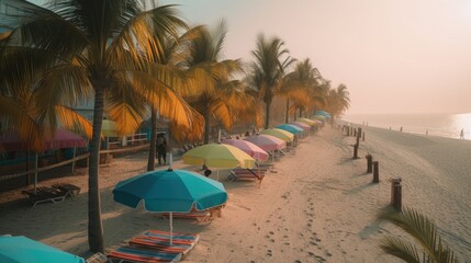 Umbrellas and Palms: A Picture-Perfect Beach Day, AI Generative
