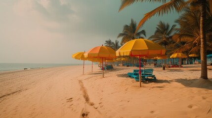 Fototapeta na wymiar A Beach Paradise: Golden Sand and Swaying Palms on a Perfect Day, AI Generative 