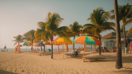 Obraz na płótnie Canvas A View of Paradise: Swinging Palms and Pristine Sand on a Tropical Beach, AI Generative 
