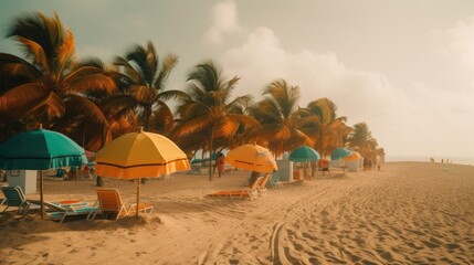 Naklejka premium Palm Trees and Ocean Waves: A Scenic View of a Perfect Beach Day, AI Generative 