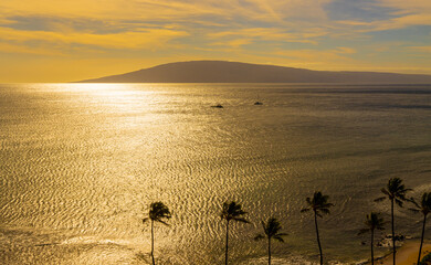 Evening Light on Kaanapali Beach With Lanai on The Horizon, Kaanapali, Maui, Hawaii, USA