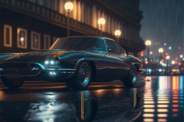 Sports Car in a Night City Surrounded by Smoke and Many Details Generated by AI