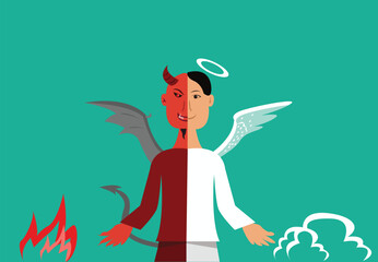 A person with half-evil and half-angel personas. Heaven and hell concept. Editable Clip Art.