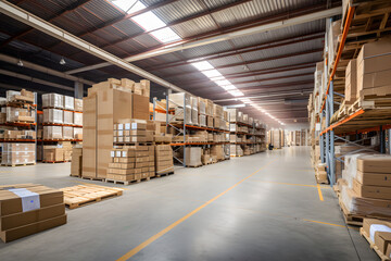 Boxes of goods stacked in warehouse for storage, Generative AI