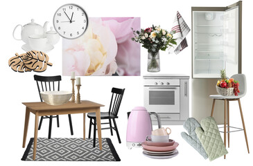 Kitchen interior design. Collage with different combinable furniture and decorative elements on white background