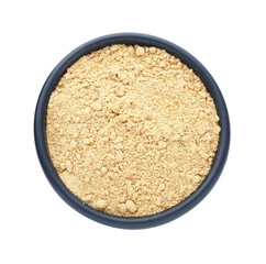 Aromatic mustard powder in bowl on white background, top view