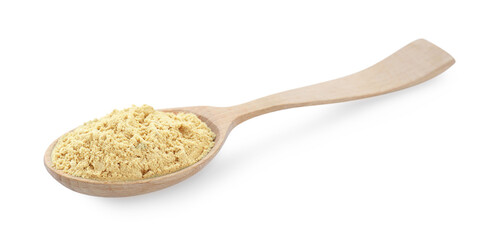 Wooden spoon with aromatic mustard powder on white background